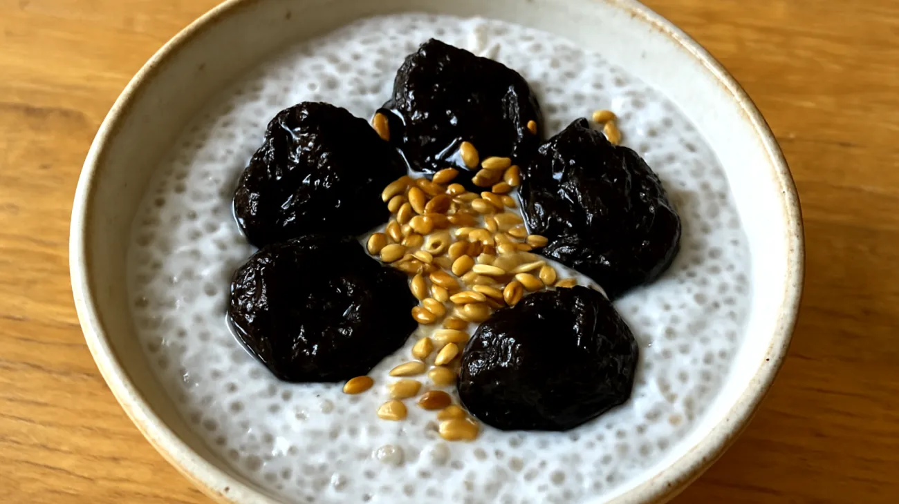 Kefir-Chia-Pudding mit fermentierten Pflaumen und Leinsamen"