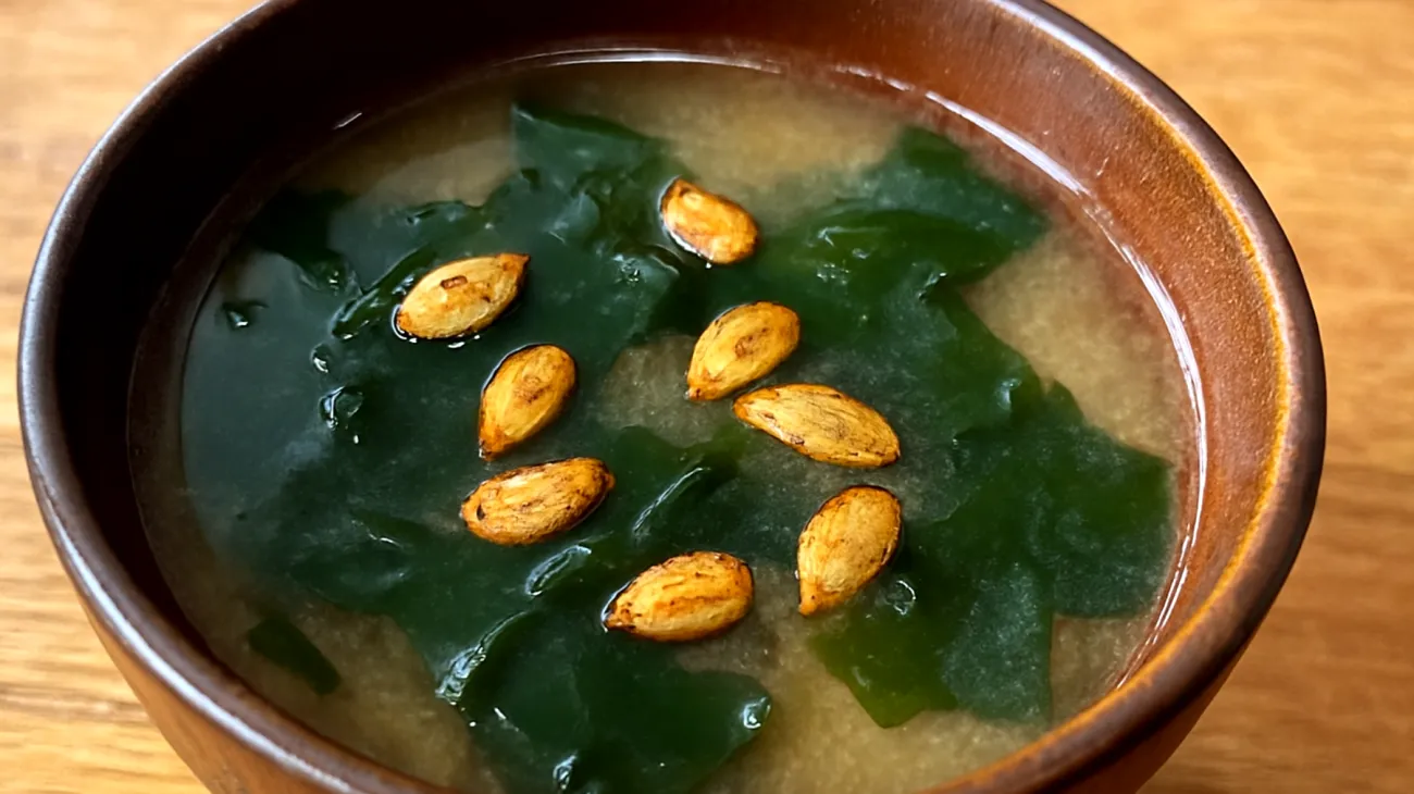 Miso-Suppe mit Wakame-Algen und gerösteten Kürbiskernen"